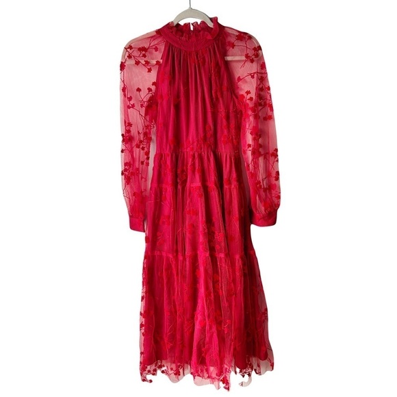 CO Collections Red Floral Embroidered Mock Neck Midi Dress Sz XS - Picture 2 of 8